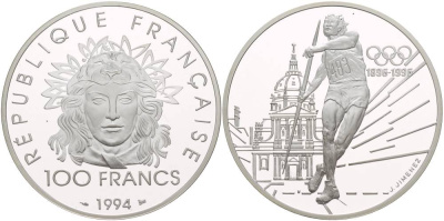 Франция 100 франков 1994 100 лет Олимпийскому движению (1896-1996), копьеметатель KM 1048 серебро PROOF 1081-8-51