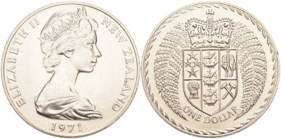 Новая Зеландия 1 доллар 1971 герб Новой Зеландии, Елизавета II (1952-2022) KM 38.2 медно-никель UNC 4552-1115