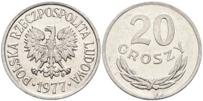 Польша 20 грошей 1977 MW, Народная Республика KM А47, Parchimowicz 208r алюминий aUNC 4580-661
