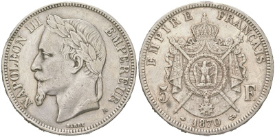 Франция 5 франков 1870 A, Наполеон III (1852-1870) KM 799.1 серебро 4044-515