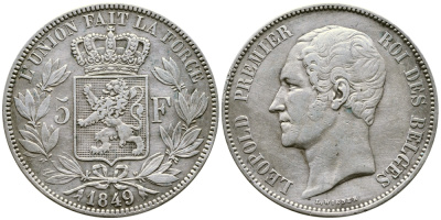 Бельгия 5 франков 1849 Леопольд I (1831-1865) KM 17 серебро 74-1122