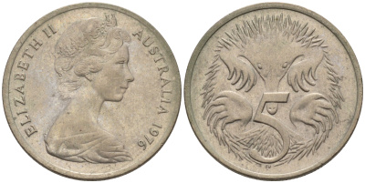 Австралия 5 центов 1976 королева Елизавета II (1952-2022), ехидна KM 64 медно-никель UNC 4564-1157