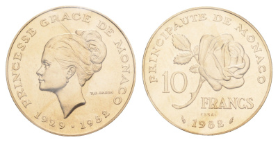 Монако 10 франков 1982 Смерть принцессы Грейс, Essai - Пробник, в запайке KM E72 медь алюминий никель BU 1531-1132