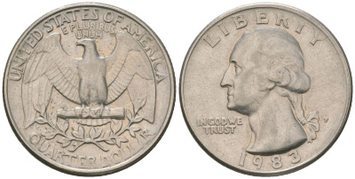 США 25 центов = квотер 1983 P, Вашингтон KM 164a медь плакированная медно-никелем 4595-254