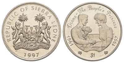 Сьерра-Леоне 1 доллар 1997 Диана - Народная принцесса, Кампания по борьбе со СПИДом KM 83 медно-никель BU 1521-1324