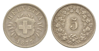 Швейцария 5 раппенов 1877 B, редкий год KM 5 серебро 1518-823