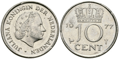 НИДЕРЛАНДЫ 10 ЦЕНТОВ 1977 ЮЛИАНА KM 182 никель 96-351