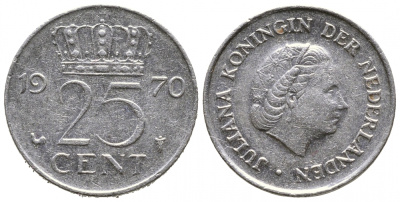 НИДЕРЛАНДЫ 25 ЦЕНТОВ 1970 ЮЛИАНА KM 183 никель 4390-436