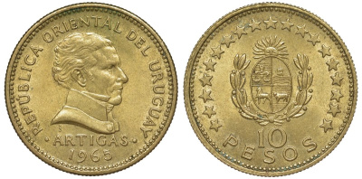 Уругвай 10 песо 1965 KM 48 алюминиевая бронза 4574-315