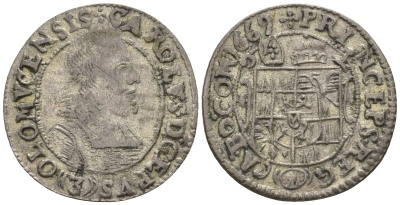 Австрия, Ольмюц 3 крейцера 1669 Карл II фон Лихтенштейн-Кастелькорн (1664-1695) KM 65.1, Videman 323 серебро 413-6712