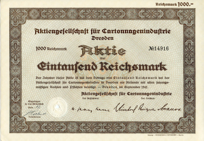 Германия 1000 рейхсмарок 1941 АО картонной промышленности, Дрезден, акция   бумага   8804-93-1