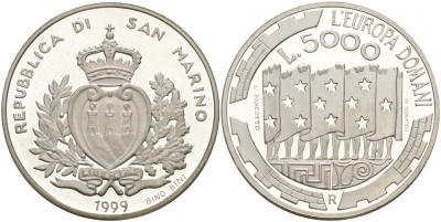 Сан-Марино 5000 лир 1999 Европа завтрашнего дня KM 410 серебро PROOF 02-069-31