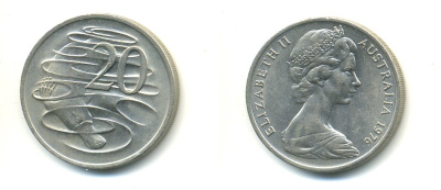 АВСТРАЛИЯ 20 ЦЕНТОВ 1976 ЕЛИЗАВЕТА II, МОЛОДОЙ ПОРТРЕТ, УТКОНОС KM 66 медно-никель UNC 47-314