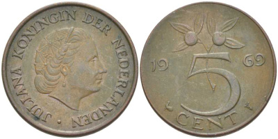 Нидерланды 5 центов 1969 Юлиана (1948-1980) KM 181 бронза 213-1054