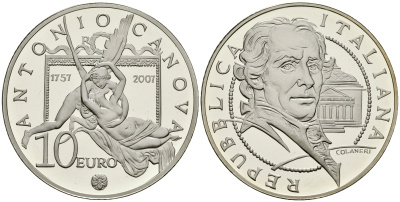 Италия 10 евро 2007 250 лет со дня рождения скульптора Антонио Кановы KM 296 серебро PROOF 3-6-2-35