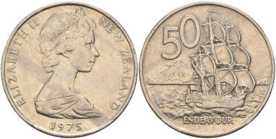Новая Зеландия 50 центов 1975 Елизавета II (1952-2022), парусник Индевор KM 37.1 медно-никель 4131-1216