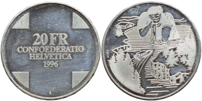 Швейцария 20 франков 1996 В, мифологический великан KM 76 серебро PROOF 1524-722