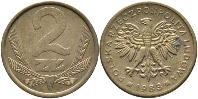 ПОЛЬША 2 ЗЛОТЫХ 1983 MW KM 80.1 латунь 110-555