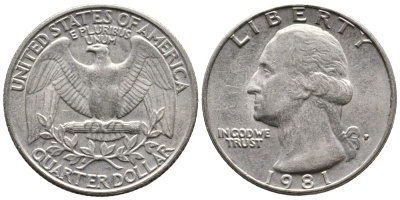 США 25 ЦЕНТОВ = КВОТЕР 1981 ВАШИНГТОН KM А164а медь плакированная медно-никелем 4364-541