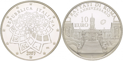 Италия 10 евро 2007 50 лет Римскому договору KM 295 серебро PROOF 01-162-43