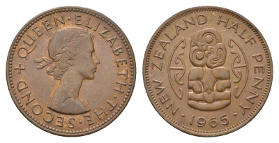 Новая Зеландия 1/2 пенни 1965 Елизавета II (1952-2022) KM 23.2 бронза UNC 87-411
