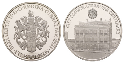 Гибралтар 5 фунтов 2021 100 лет городскому совету Гибралтара KM NEW медно-никель  PROOF  1088-7-23