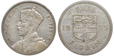 Фиджи 1 флорин 1935 Георг V (1910-1936), герб Фиджи KM 5 серебро    1531-733