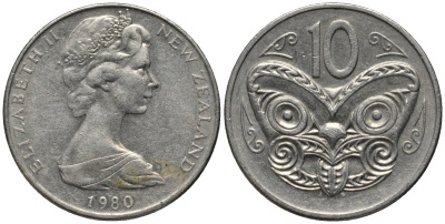 Новая Зеландия 10 центов 1980 Елизавета II (1952-2022), маска маори KM 41.1 медно-никель 4579-947