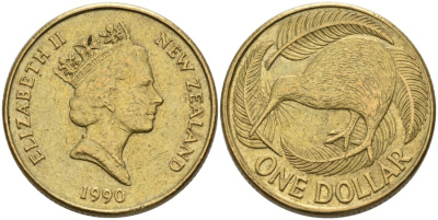 Новая Зеландия 1 доллар 1990 Елизавета II (1952-2022), птица киви KM 78 алюминиевая бронза 24-813