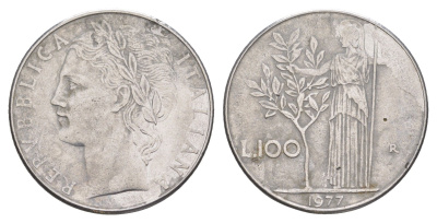 Италия 100 лир 1977 R, Афина в доспехах KM 96.1 нержавеющая сталь 4556-253