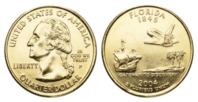 США 1/4 доллара (25 центов) 2004 Квотер штата Флорида KM 356 медь плакированная золотом UNC 11-117-57