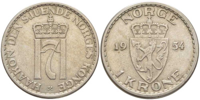 НОРВЕГИЯ 1 КРОНА 1954 ХОКОН VII (1905-1957) KM 397.2 медно-никель 119-941