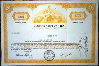 США, Hampton Sales Co., Inc 100 акций 1964 бумага 8802-81-1