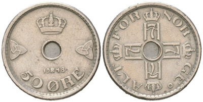 Норвегия 50 эре 1948 Хокон VII (1905-1957) KM 386 медно-никель 4617-941