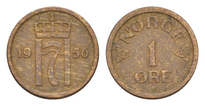 Норвегия 1 эре 1956 Хокон VII (1905-1957) KM 398 бронза aUNC 4632-1067