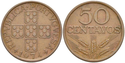 ПОРТУГАЛИЯ 50 СЕНТАВО 1974 KM 596 бронза 213-233