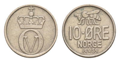 Норвегия 10 эре 1959 Улаф V (1957-1991) KM 411 медно-никель 4632-1145