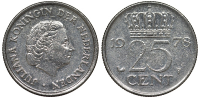 Нидерланды 25 центов 1978 Юлиана (1948-1980) KM 183 никель 4122-123