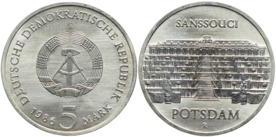 ГДР 5 марок 1986 A, Потсдам, дворец Сан-Суси КМ 110 медно-никель UNC 4394-226