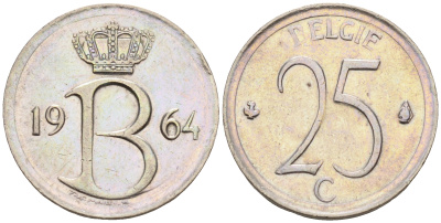 Бельгия 25 сантимов 1964 Belgie, Бодуэн I (1951-1993) KM 154.1 медно-никель 4588-462
