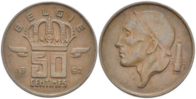 БЕЛЬГИЯ 50 САНТИМОВ 1962 BELGIE, БОДУЭН I (1951-1993) KM 149.1 бронза 214-165