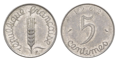 Франция 5 сантимов 1962 пятая республика KM 927, Le Franc 124.4 нержавеющая сталь aUNC 4630-316