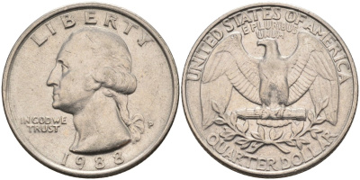 США 25 центов = квотер 1988 P, Вашингтон KM A164a медь плакированная медно-никелем 4584-1246