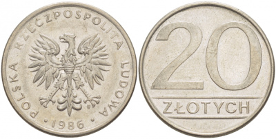 ПОЛЬША 20 ЗЛОТЫХ 1986 MW KM 153.1 медно-никель 77-716