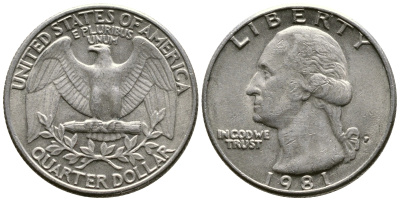 США 25 ЦЕНТОВ = КВОТЕР 1981 P, ВАШИНГТОН KM А164а медь плакированная медно-никелем 57-1034