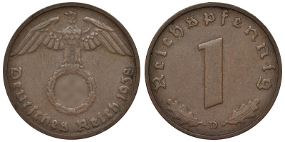 Германия 1 рейхспфенниг 1938 D KM 89, J. 361 бронза 4124-149