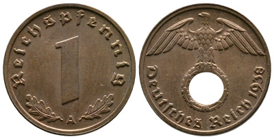 Германия 1 рейхспфенниг 1938 A KM 89, J. 361 бронза    220-246