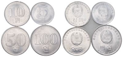 КНДР годовой набор из 4 монет (5, 10, 50 и 100 вон) 2005 KM 425, 426, 427 и 1015 алюминий UNC 4364-2454-2456