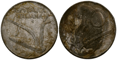 Италия 10 лир 1953 R, плуг, колосья KM 93 алюминий 4138-544