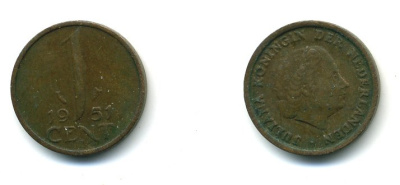 Нидерланды 1 цент 1951 Юлиана (1948-1980) КМ 180 бронза 35-1337